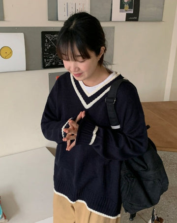 Hemp color matching V-neck knit